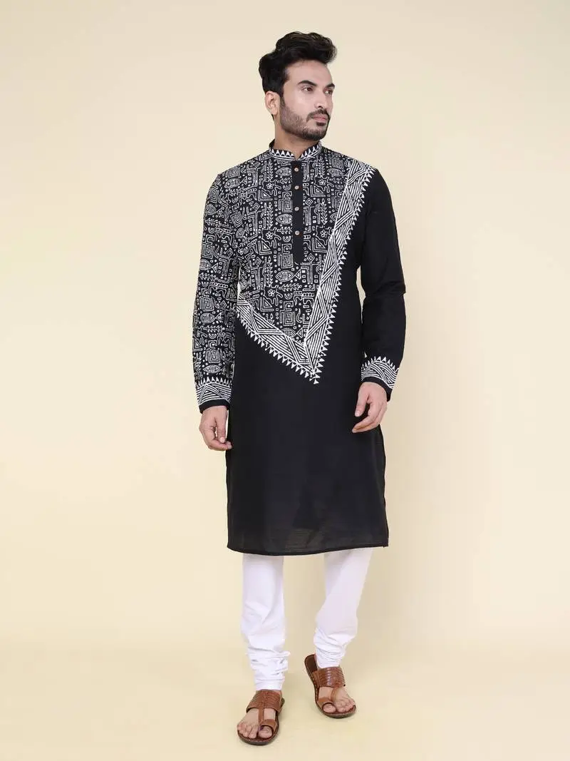 Men's Black Hand Painted Silk Kurta